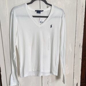 Ralph Lauren White V-Neck Long Sleeve Shirt with Navy Polo Logo